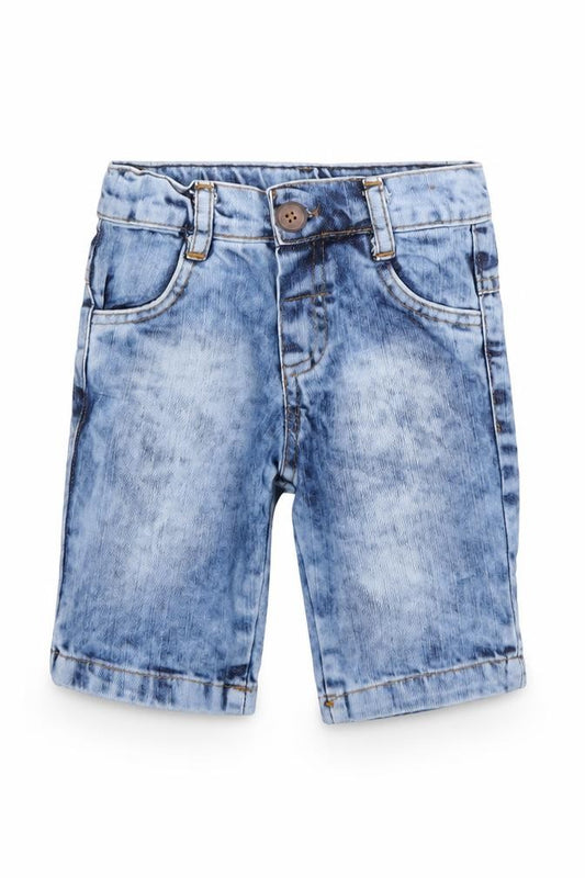 Front view of Domakin boys’ blue cotton capri jeans, size 18-24, months button