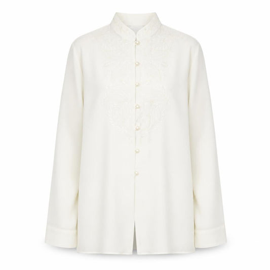 Front view of Marks & Spencer women’s ivory polyester basic button-up, size UK 10, collared