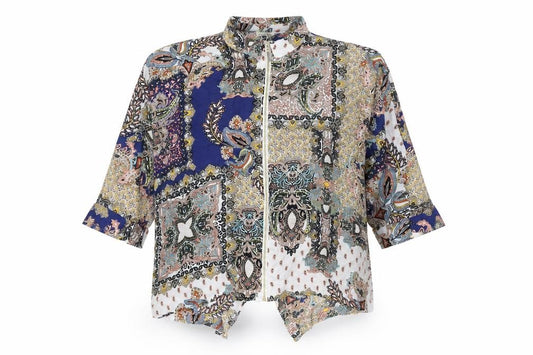 Front view of River Island women’s multicoloured geometric polyester basic blouse, size UK 12, collared