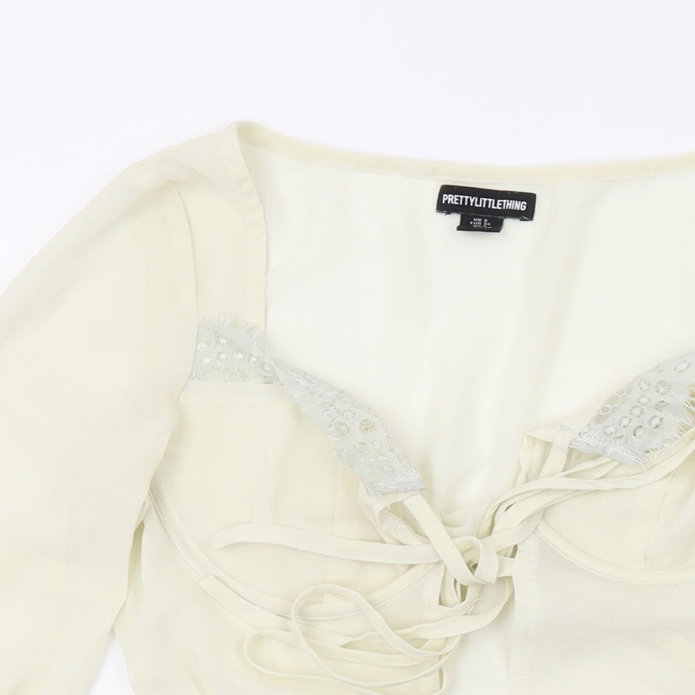 PRETTYLITTLETHING Womens Ivory Polyester Basic Blouse Size 8 V-Neck