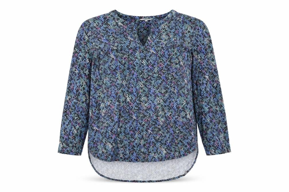 Front view of Sandwich women’s blue geometric viscose basic blouse, size UK 12, v-neck
