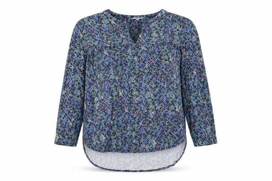 Front view of Sandwich women’s blue geometric viscose basic blouse, size UK 12, v-neck