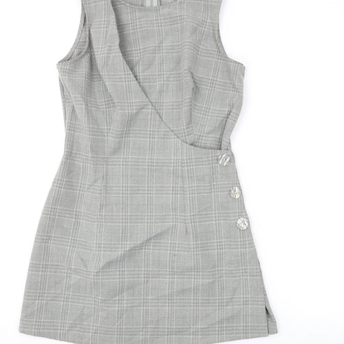 Love Womens Grey Plaid Polyester A-Line Size M Round Neck Zip