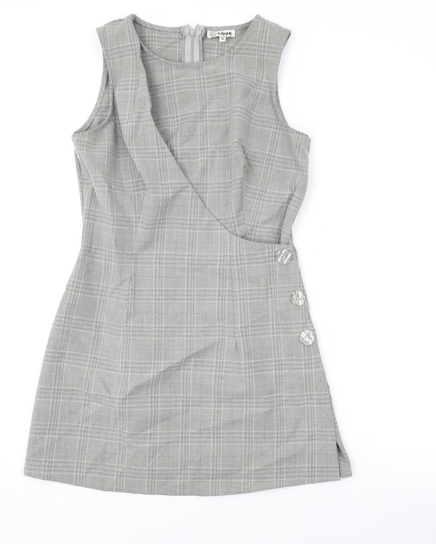 Love Womens Grey Plaid Polyester A-Line Size M Round Neck Zip