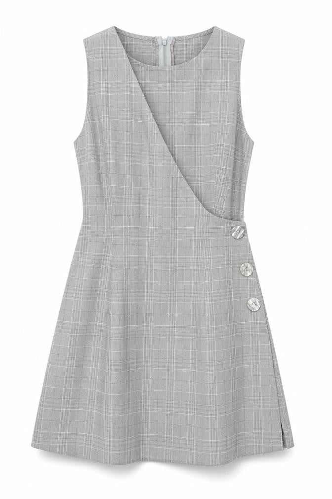 Front view of Love women’s grey plaid polyester a-line, size M, round neck zip