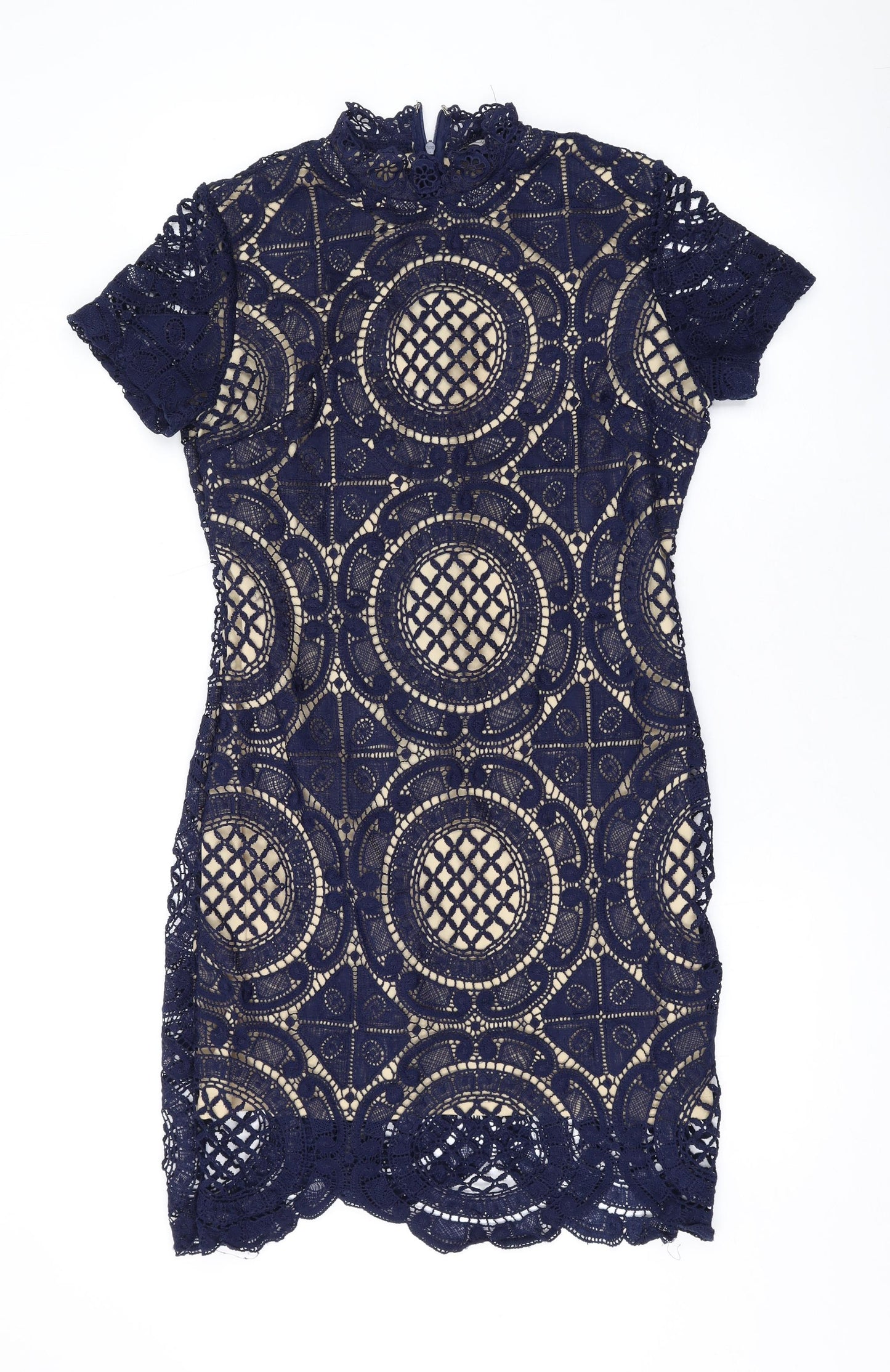 Girl in Mind Womens Blue Geometric Polyester Bodycon Size 14 Mock Neck Zip