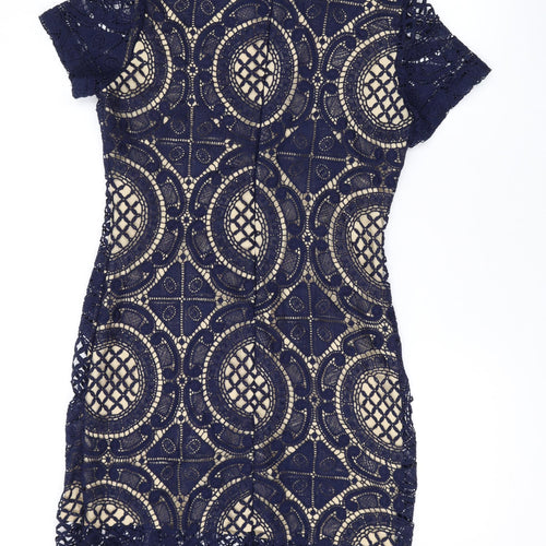 Girl in Mind Womens Blue Geometric Polyester Bodycon Size 14 Mock Neck Zip
