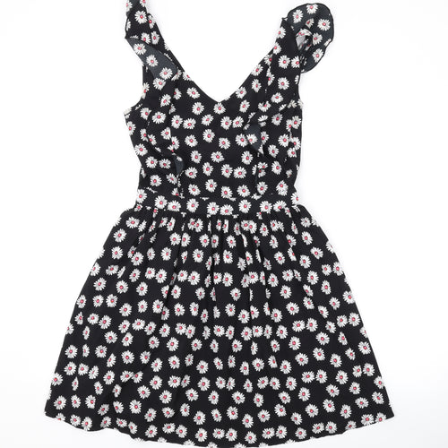 Heart & Soul Womens Black Floral Polyester A-Line Size 8 V-Neck Zip