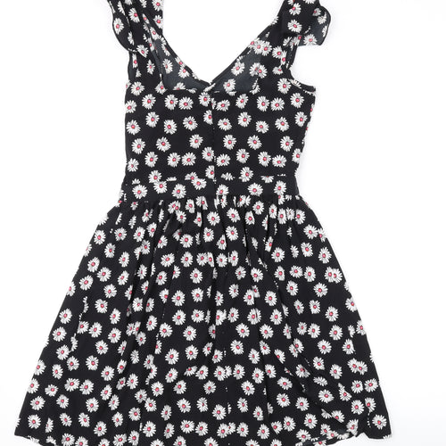 Heart & Soul Womens Black Floral Polyester A-Line Size 8 V-Neck Zip