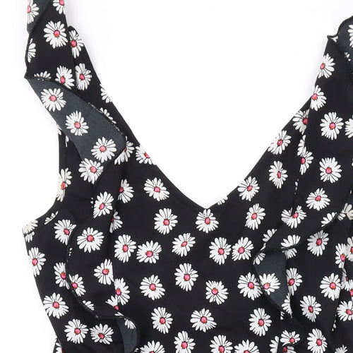 Heart & Soul Womens Black Floral Polyester A-Line Size 8 V-Neck Zip