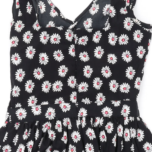 Heart & Soul Womens Black Floral Polyester A-Line Size 8 V-Neck Zip