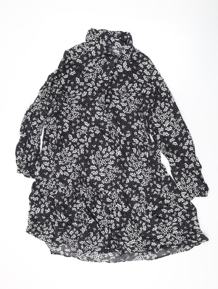 Marks and Spencer Womens Black Floral Viscose A-Line Size 12 Collared Button