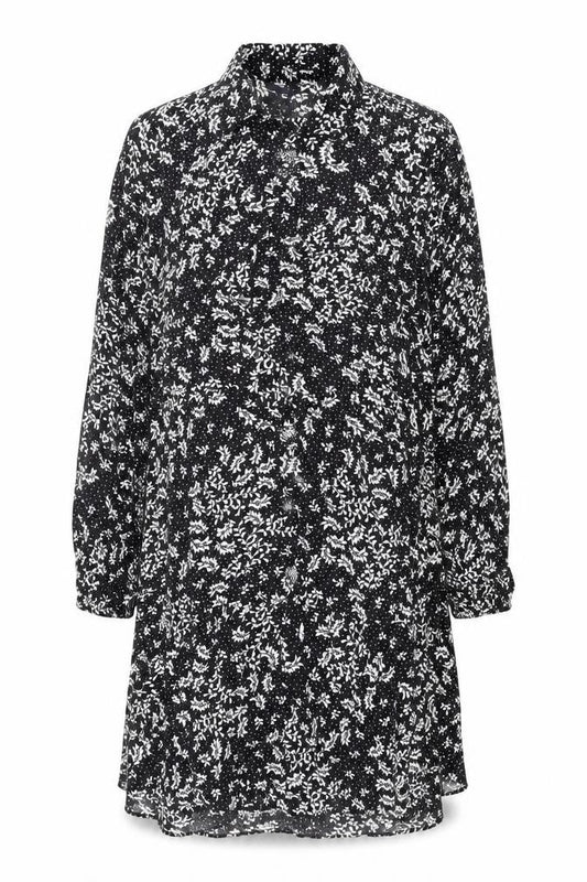 Front view of Marks & Spencer women’s black floral viscose a-line, size UK 12, collared button