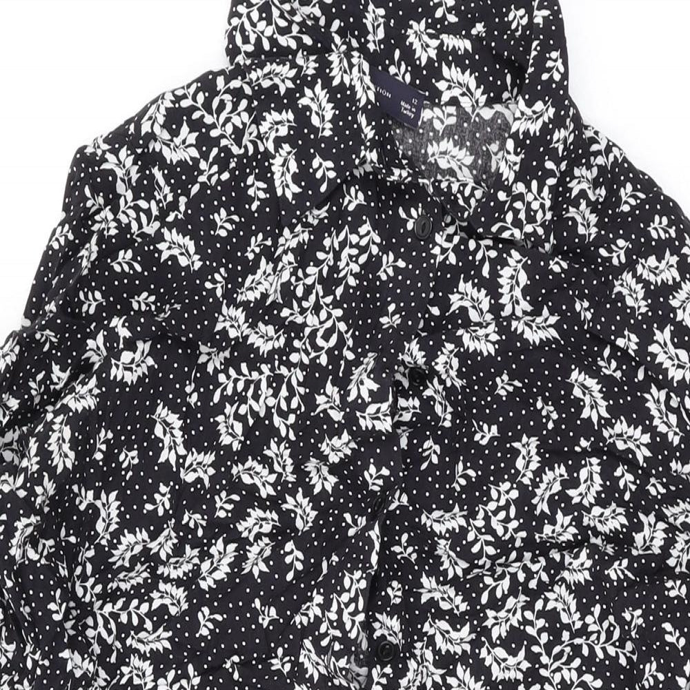 Marks and Spencer Womens Black Floral Viscose A-Line Size 12 Collared Button