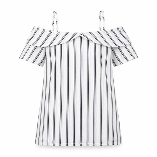 Front view of Quiz women’s white striped polyester basic blouse, size UK 10, off the shoulder