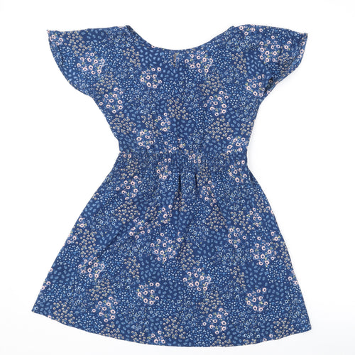 John Lewis Womens Blue Floral Polyester A-Line Size 10 Round Neck