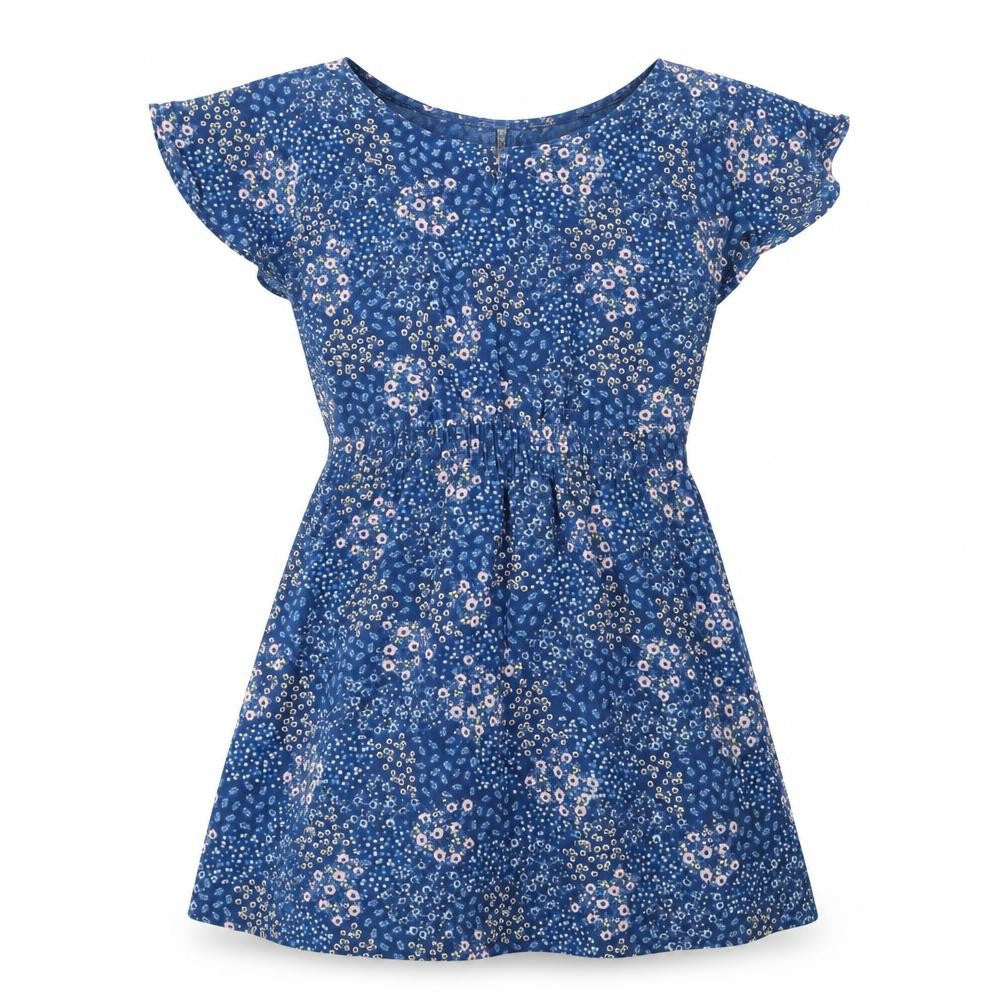 Front view of John Lewis women’s blue floral polyester a-line, size UK 10, round neck