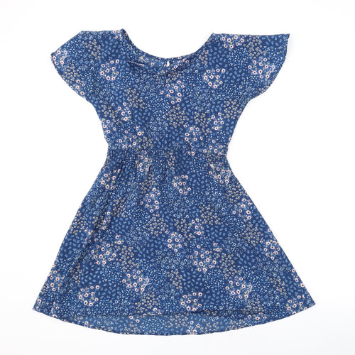 John Lewis Womens Blue Floral Polyester A-Line Size 10 Round Neck