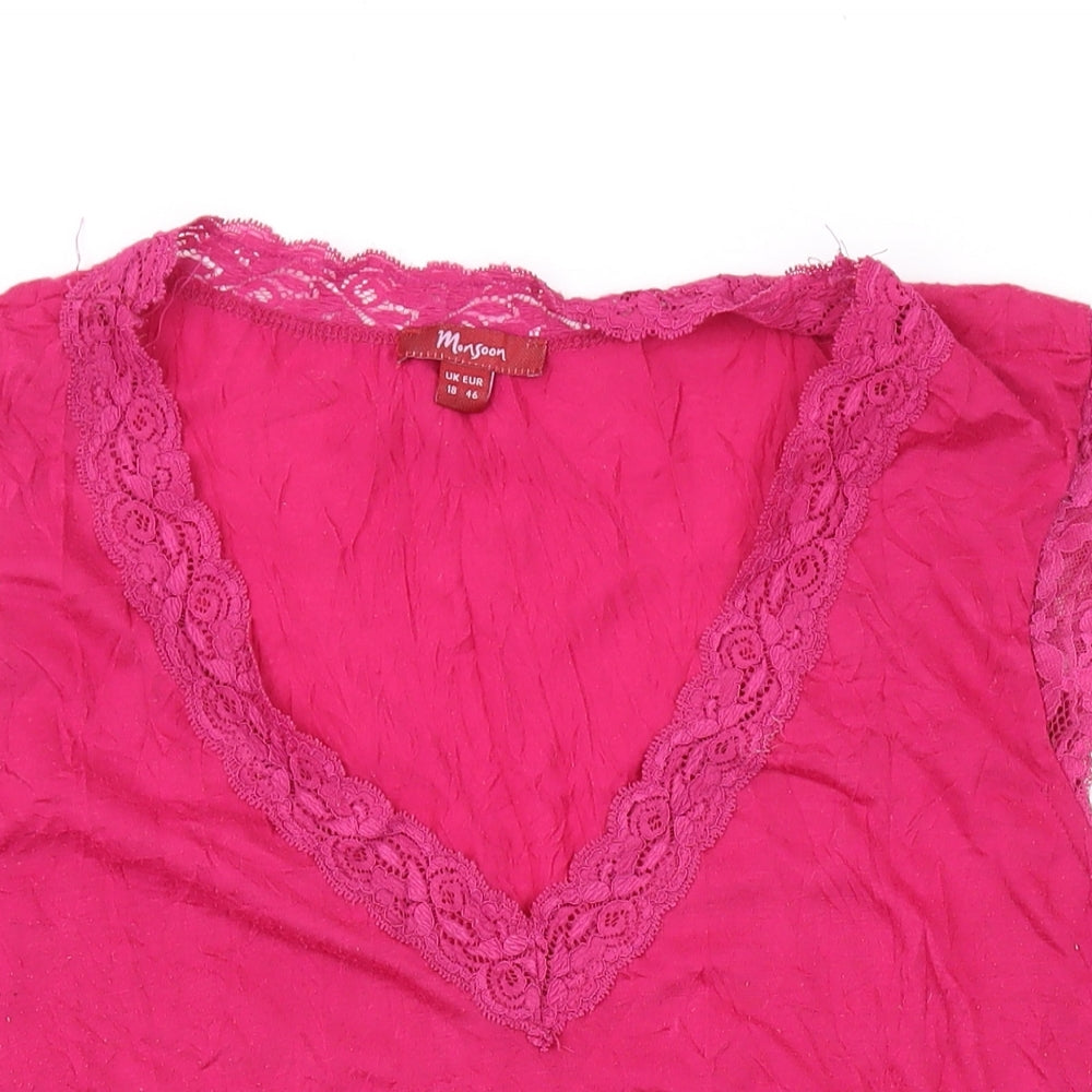 Monsoon Womens Pink Polyester Basic T-Shirt Size 18 V-Neck