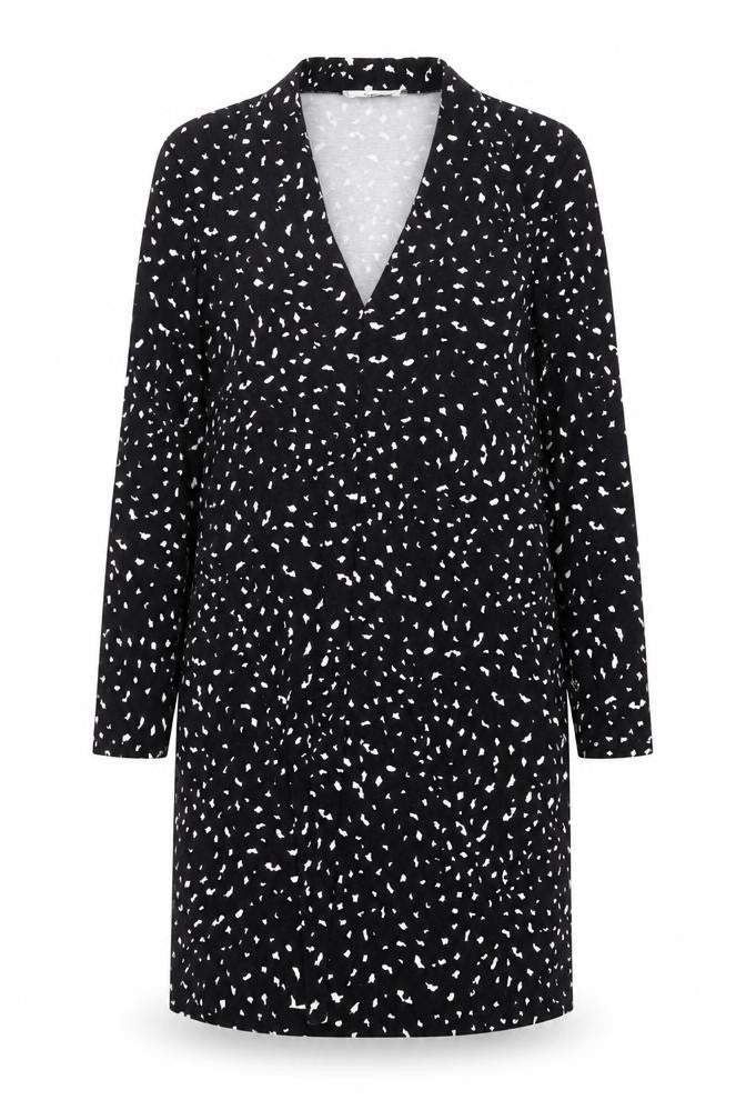 Front view of Mango women’s black geometric polyester a-line, size M, v-neck pullover
