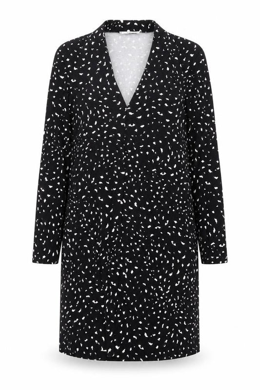 Front view of Mango women’s black geometric polyester a-line, size M, v-neck pullover