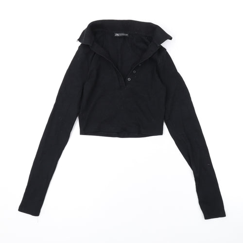 Zara Womens Black Cotton Basic T-Shirt Size S Collared