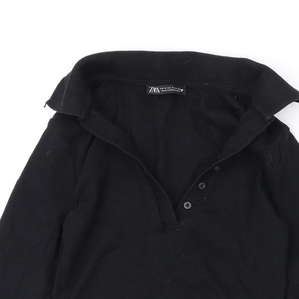 Zara Womens Black Cotton Basic T-Shirt Size S Collared