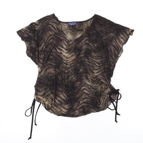 Saloos Womens Brown Geometric Polyester Basic Blouse Size L V-Neck