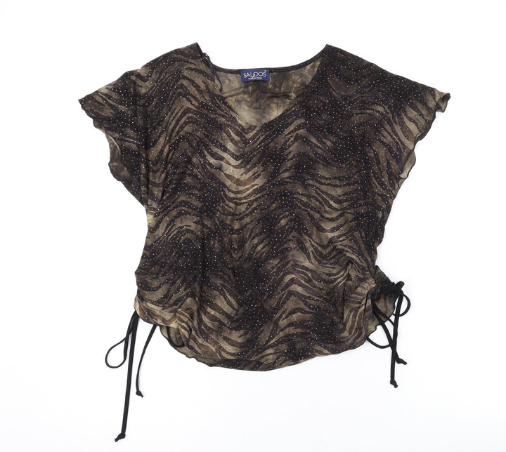 Saloos Womens Brown Geometric Polyester Basic Blouse Size L V-Neck