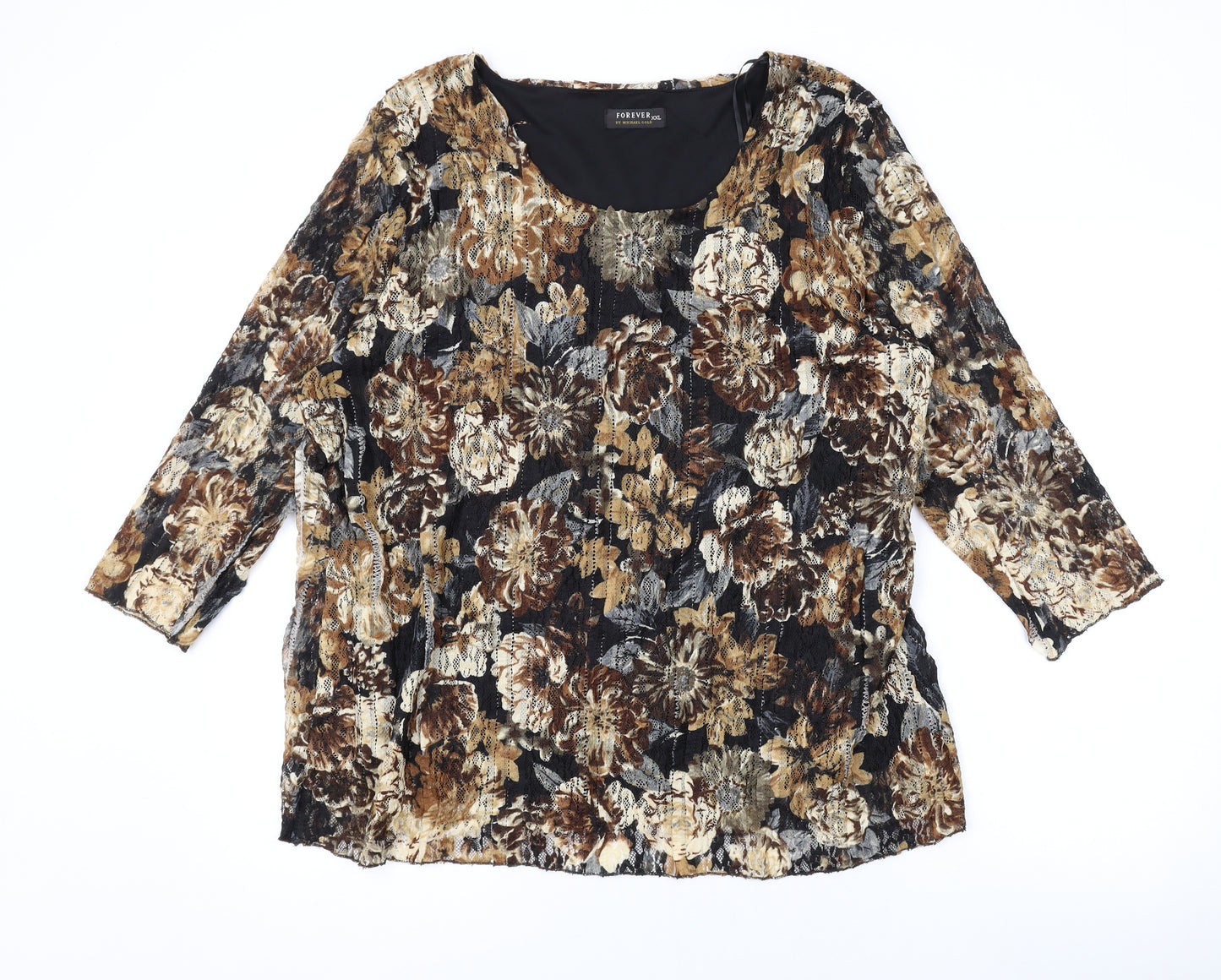 Forever Womens Brown Geometric Polyester Basic Blouse Size 2XL Round Neck