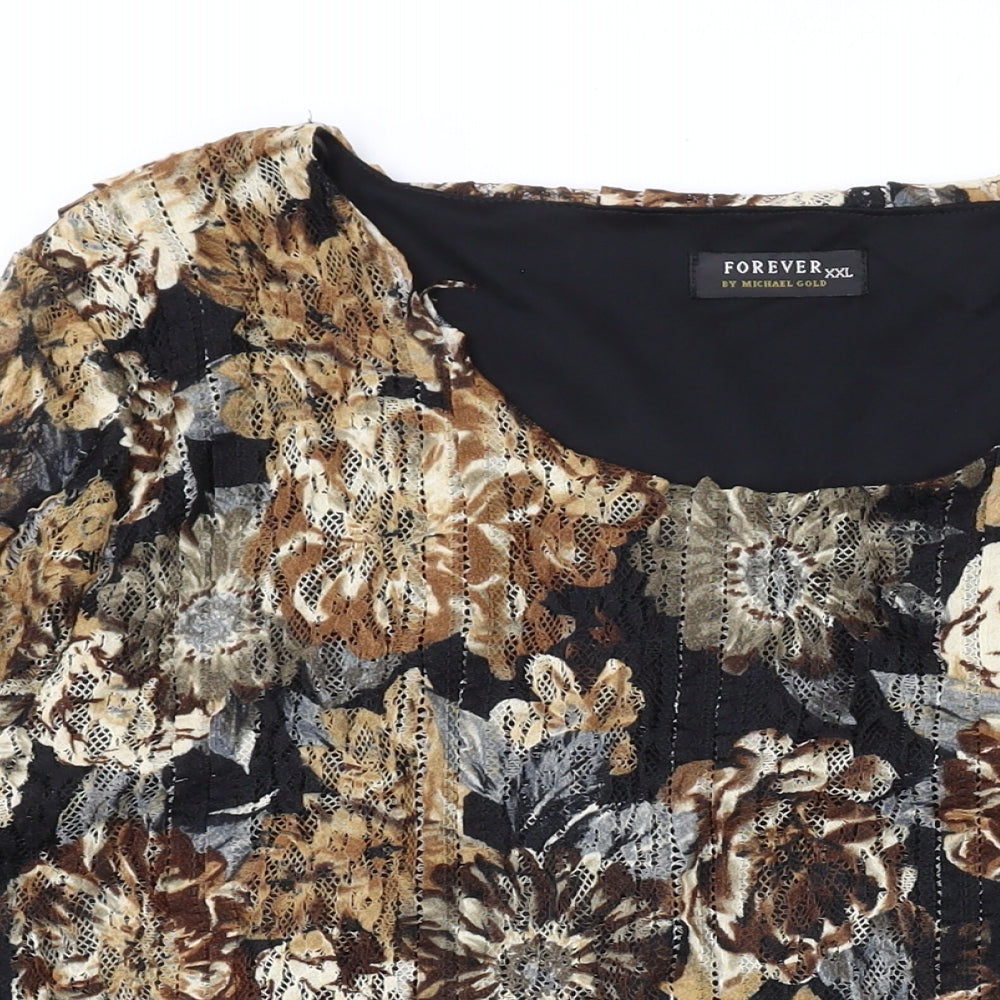 Forever Womens Brown Geometric Polyester Basic Blouse Size 2XL Round Neck