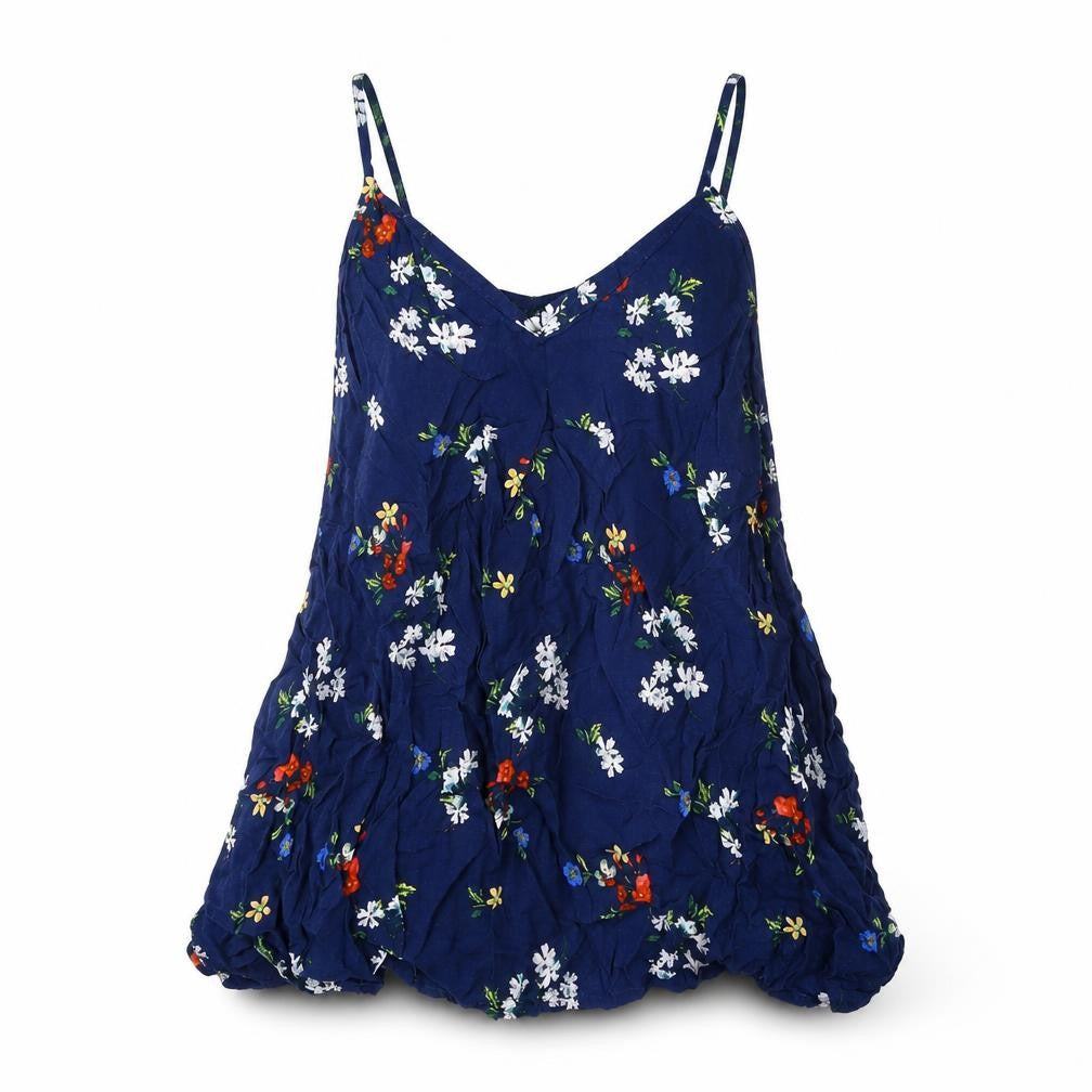 Front view of Warehouse women’s blue floral viscose basic tank, size UK 10, halter