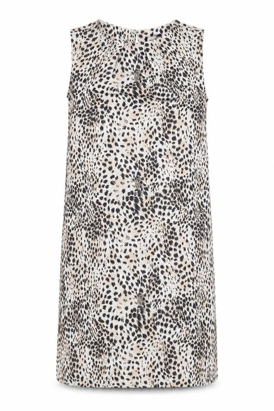 Front view of Topshop women’s beige striped polyester tank dress, size UK 10, round neck pullover