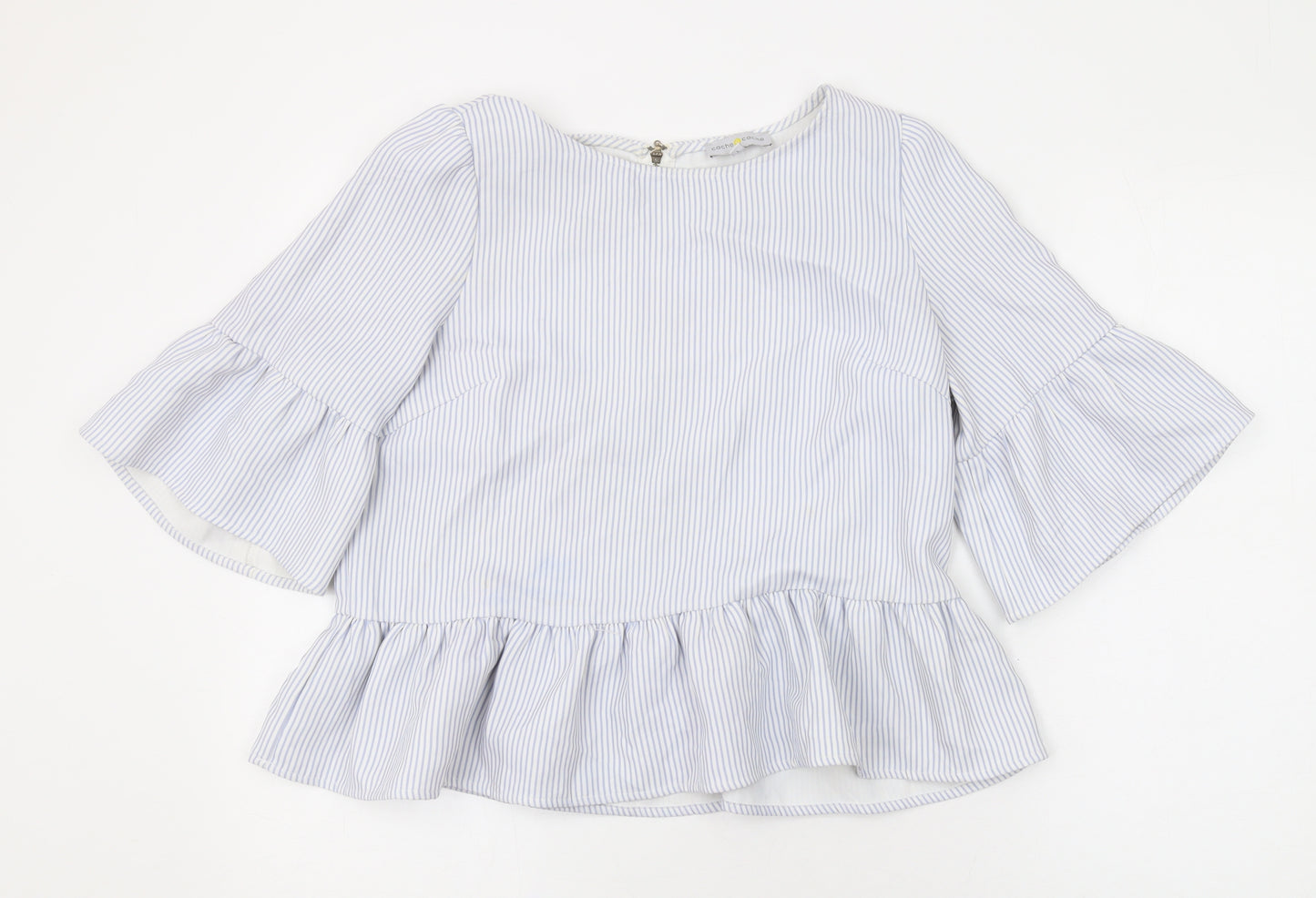 Cache Cache Womens Blue Striped Polyester Basic Blouse Size M Round Neck