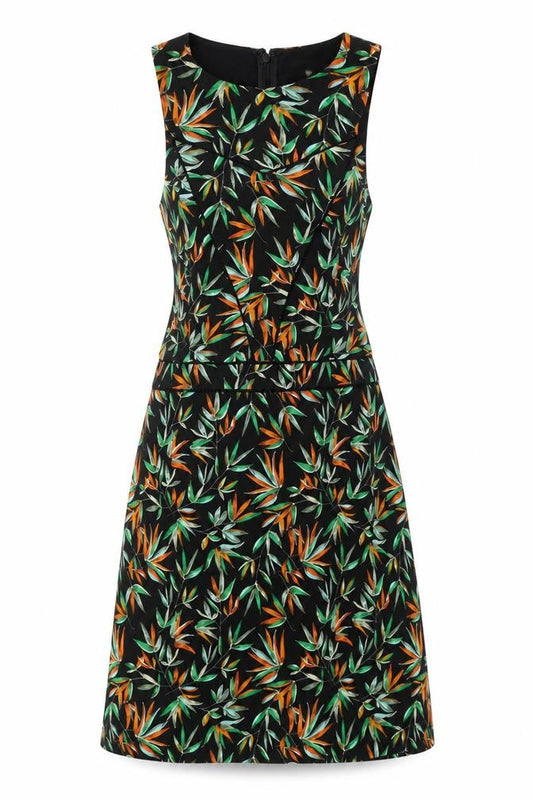 Front view of Morgan women’s black geometric polyester a-line, size UK 10, round neck zip