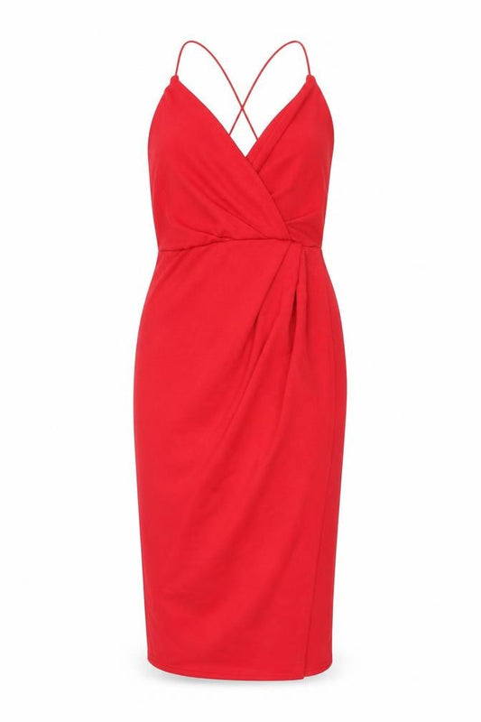 Front view of Boohoo women’s red polyester bodycon, size UK 10, v-neck pullover