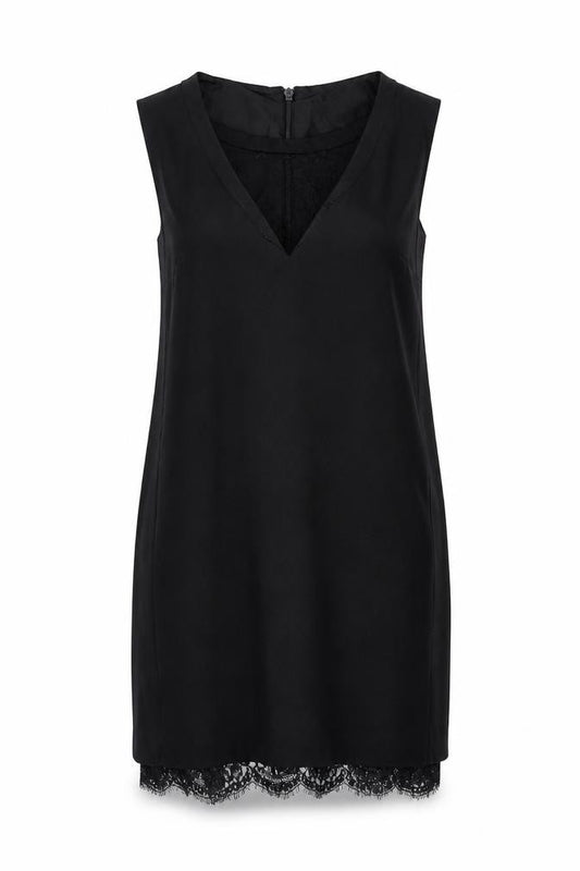Front view of Next women’s black polyester tank dress, size UK 10, round neck zip