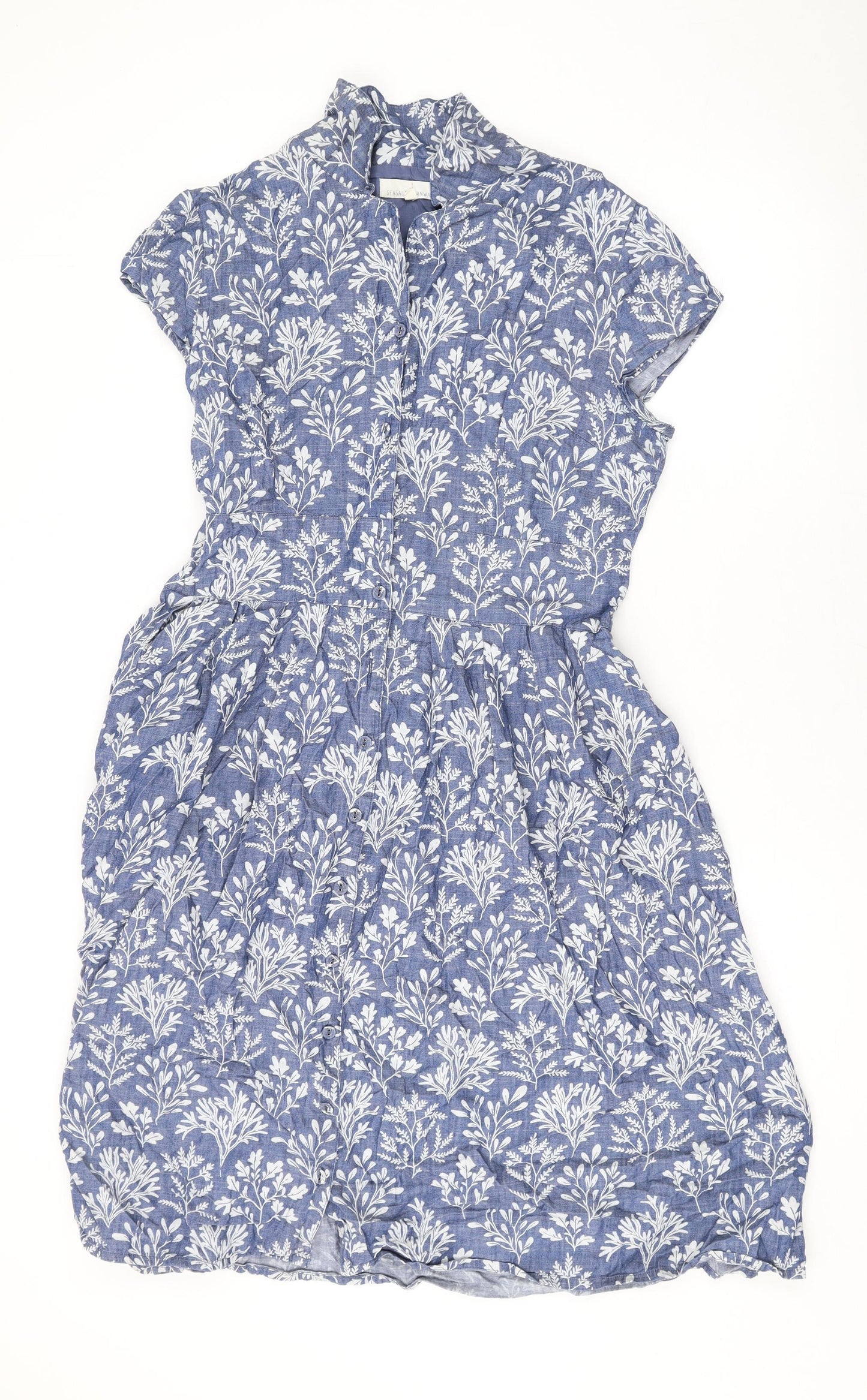 Seasalt Womens Blue Geometric Cotton A-Line Size 12 V-Neck Button