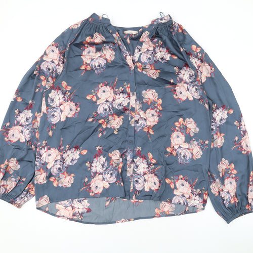 Marks and Spencer Womens Blue Floral Polyester Basic Button-Up Size 16 V-Neck