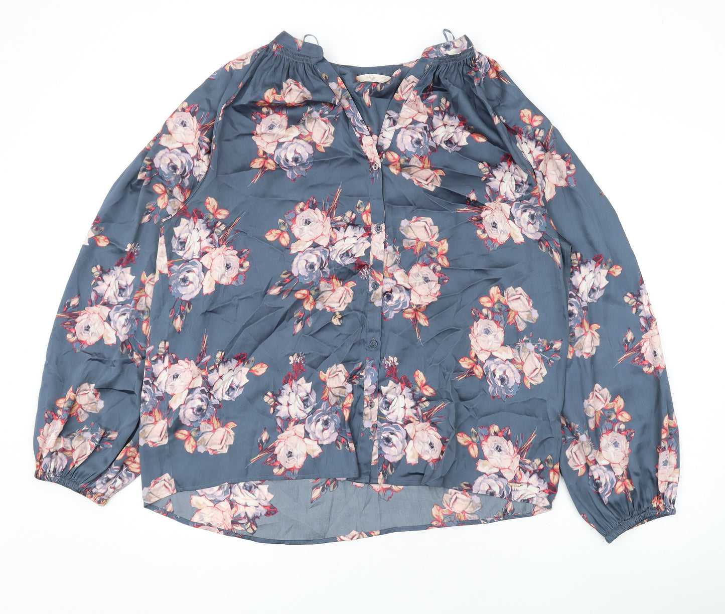 Marks and Spencer Womens Blue Floral Polyester Basic Button-Up Size 16 V-Neck