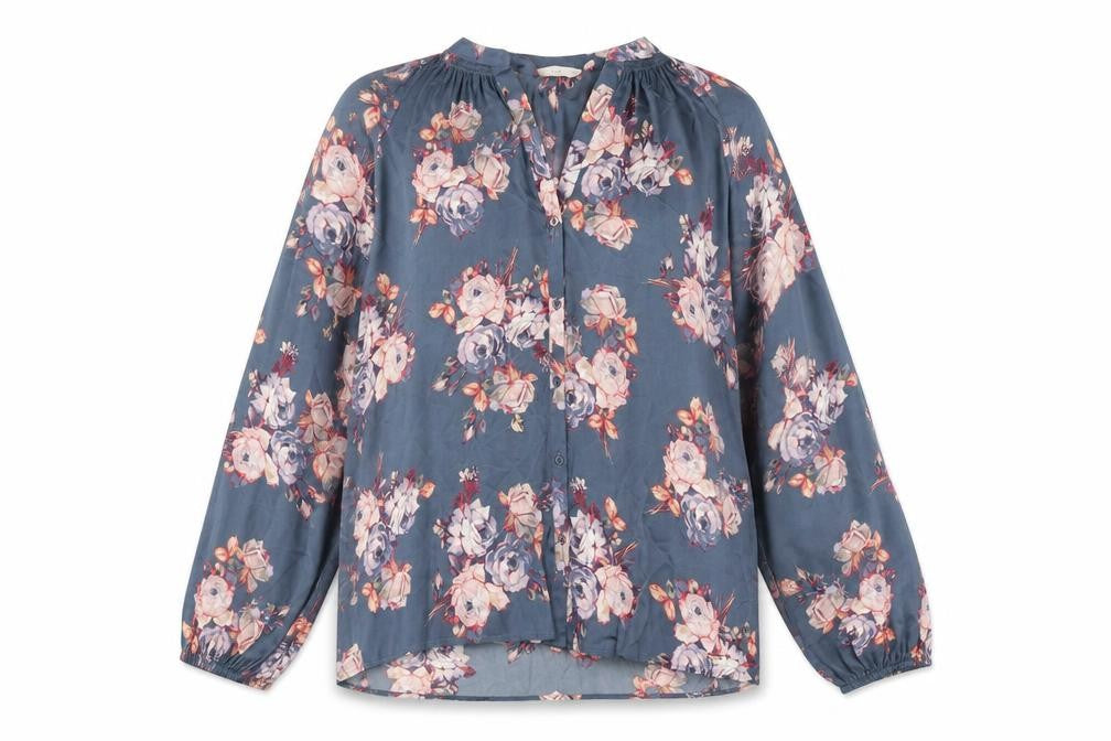 Marks & Spencer Womens Blue Floral Polyester Basic Button-Up Size 16 V-Neck