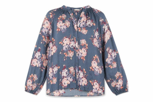Front view of Marks & Spencer women’s blue floral polyester basic button-up, size UK 16, v-neck