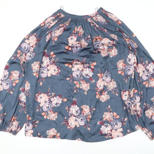 Marks and Spencer Womens Blue Floral Polyester Basic Button-Up Size 16 V-Neck