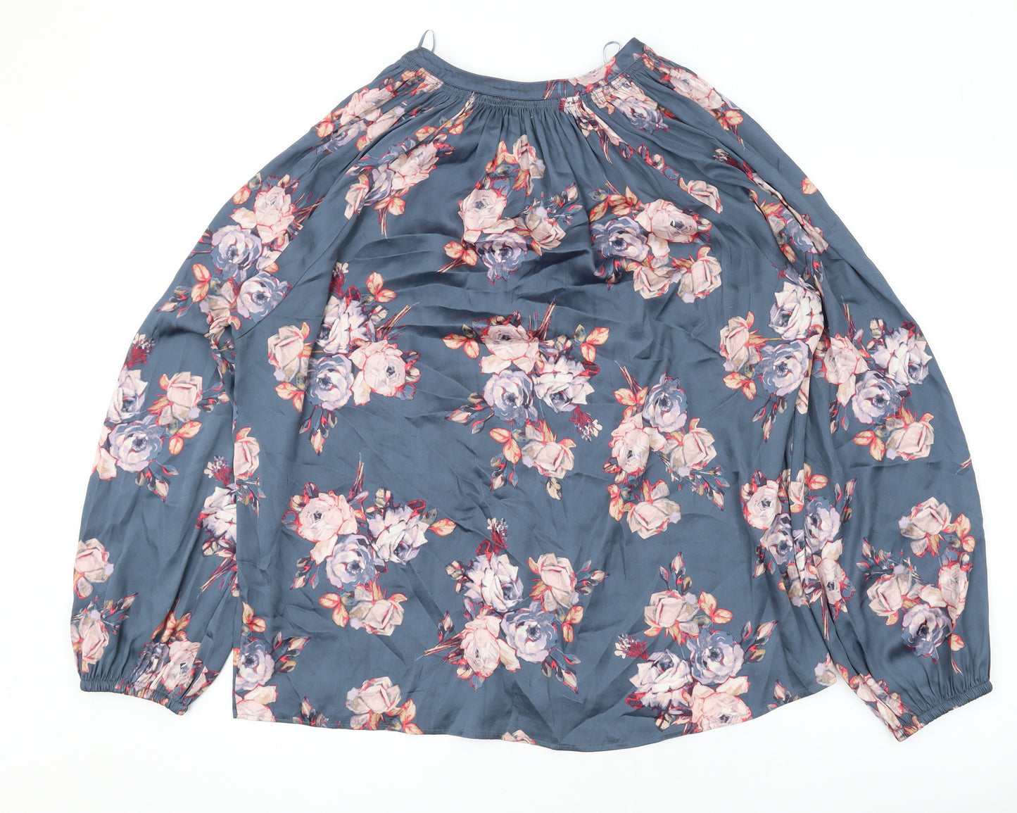 Marks and Spencer Womens Blue Floral Polyester Basic Button-Up Size 16 V-Neck