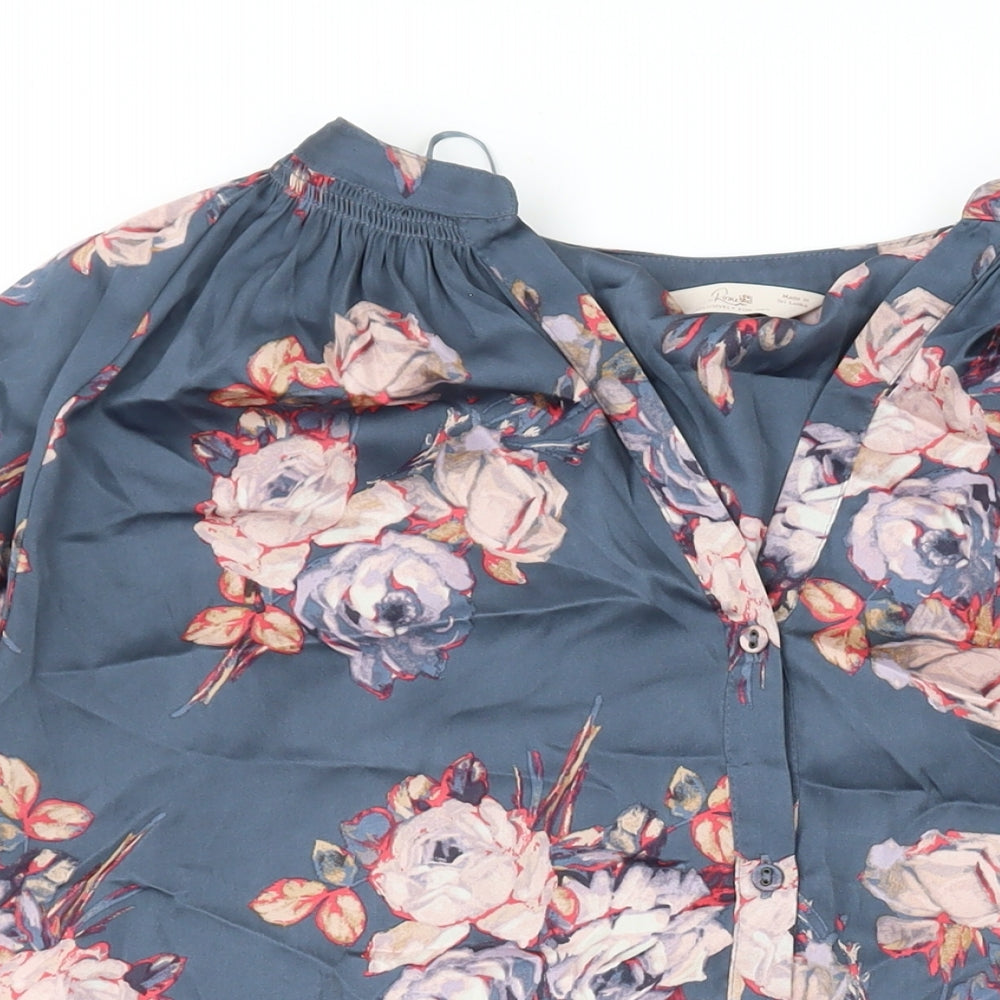 Marks and Spencer Womens Blue Floral Polyester Basic Button-Up Size 16 V-Neck