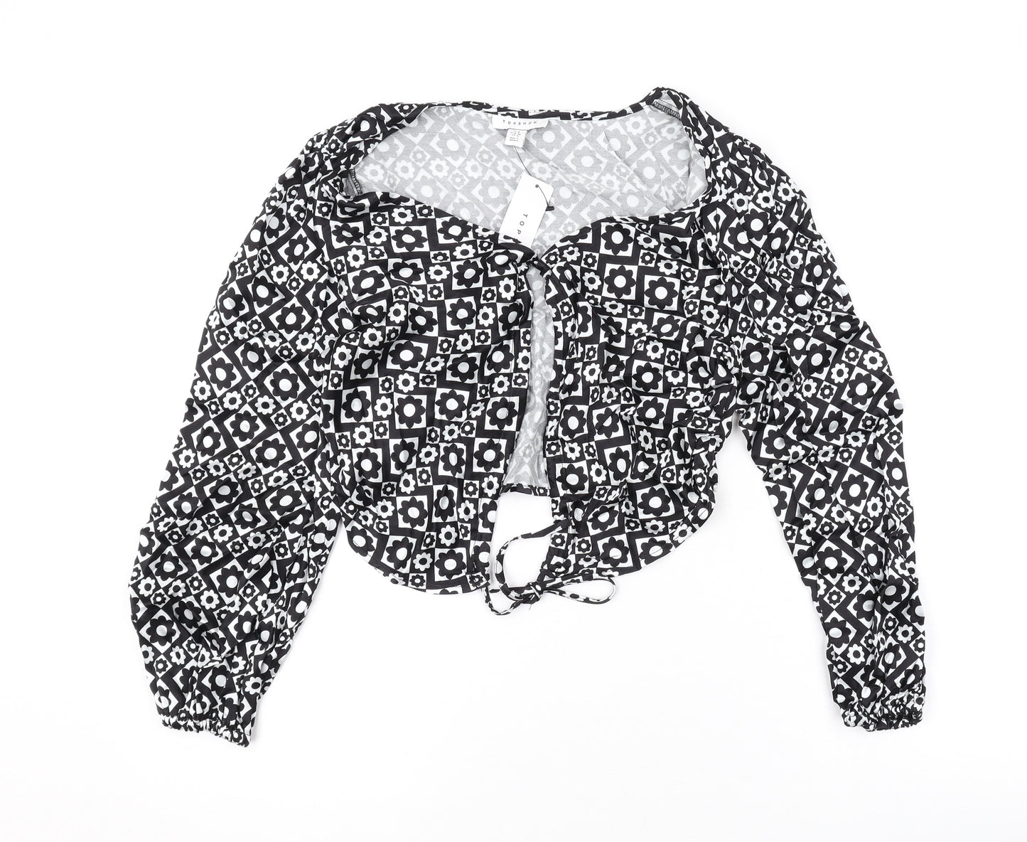 Topshop Womens Black Geometric Viscose Basic Button-Up Size 8 V-Neck