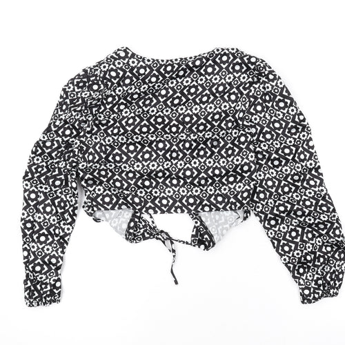 Topshop Womens Black Geometric Viscose Basic Button-Up Size 8 V-Neck