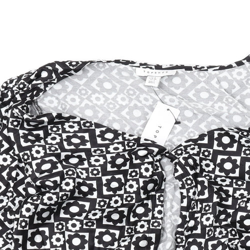Topshop Womens Black Geometric Viscose Basic Button-Up Size 8 V-Neck