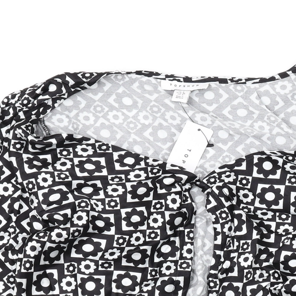 Topshop Womens Black Geometric Viscose Basic Button-Up Size 8 V-Neck