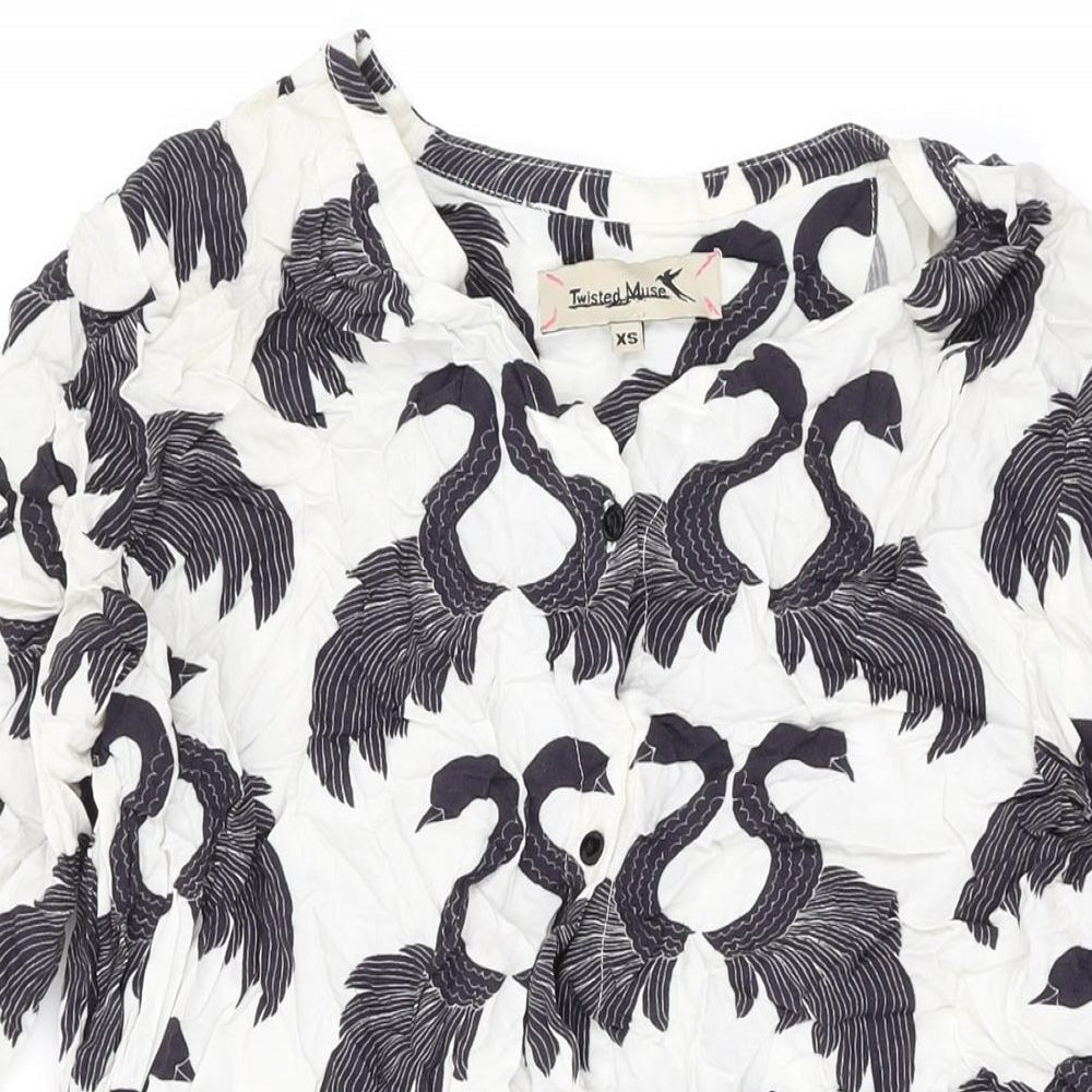 Twisted Muse Womens White Geometric Viscose Basic Button-Up Size XS V-Neck